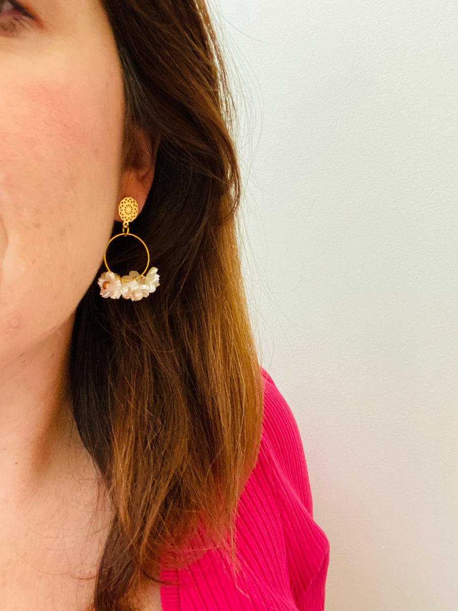 Boucles d oreilles fantaisie bouquet de fleurs blanches pour mariage SAKURA - Camilmari Bijoux