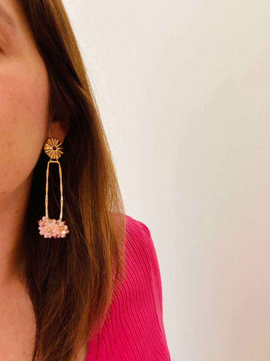 Boucles oreilles rectangulaires avec fleurs roses SAKURA - Camilmari Bijoux