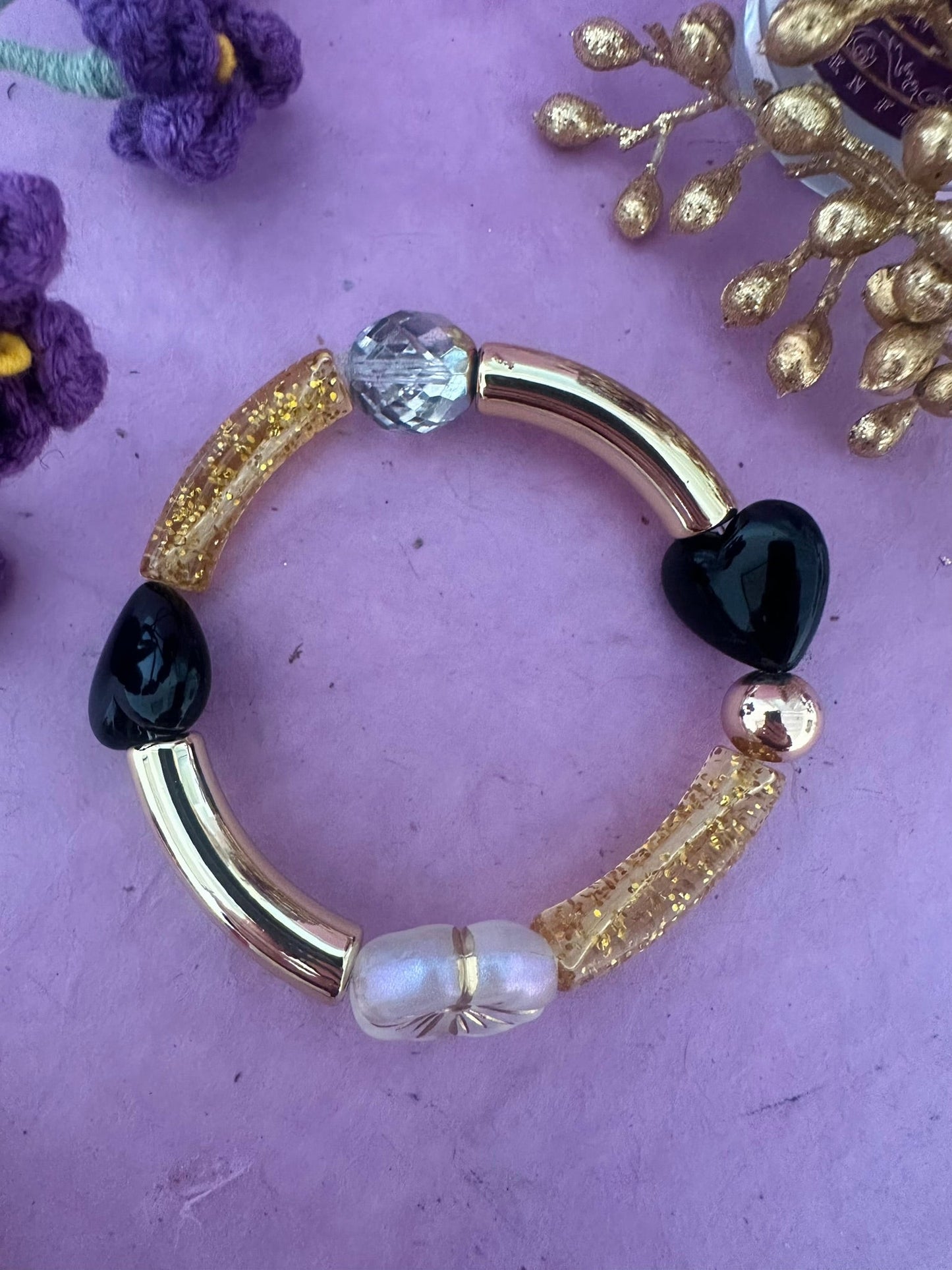 Bracelet MELCHIOR – Bracelet élastique fantaisie doré - Camilmari Bijoux - Gris noir et or