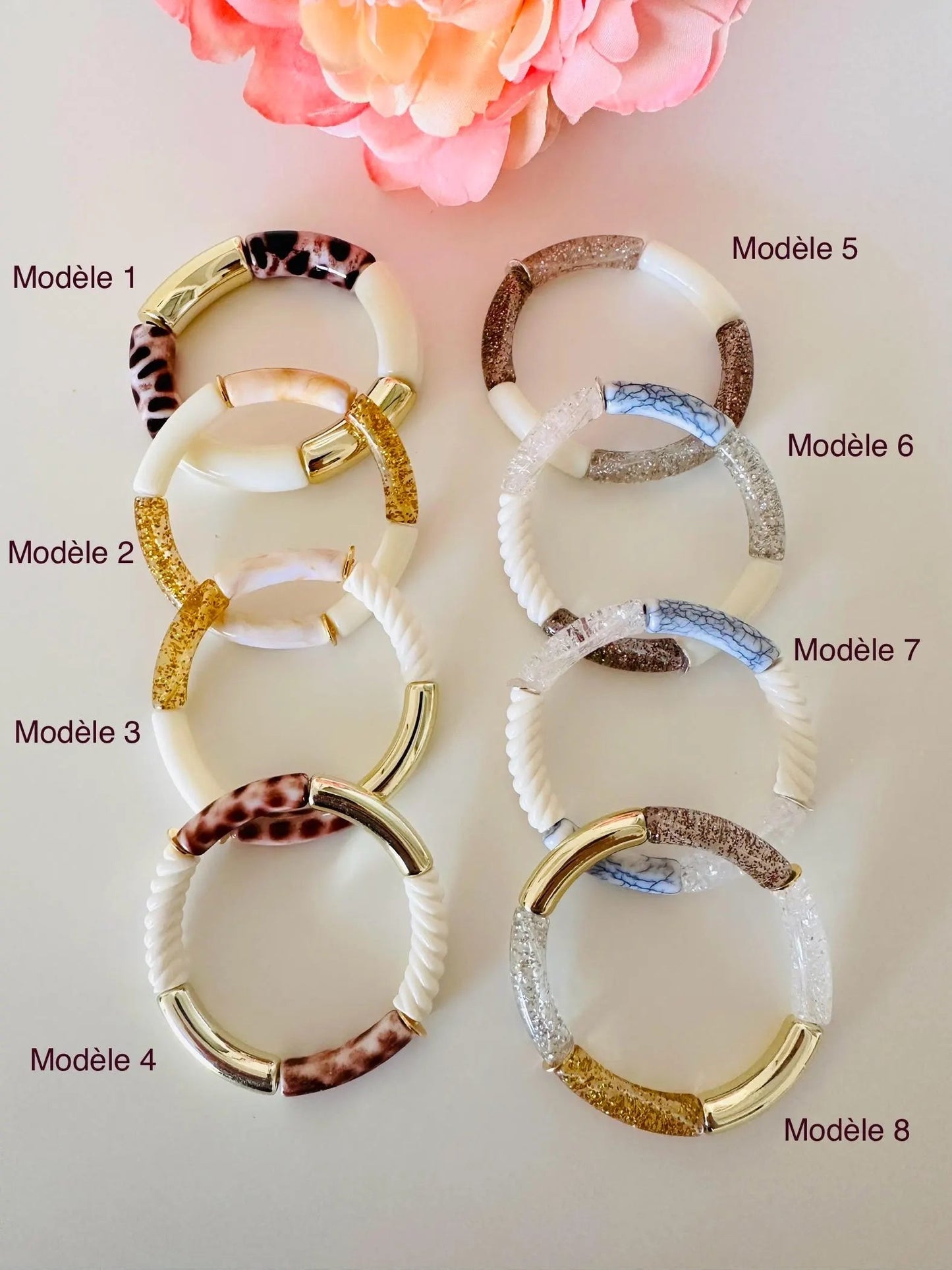 Bracelet VALENTINE en perles tubes acrylique, élastique fait main - Camilmari Bijoux - 5