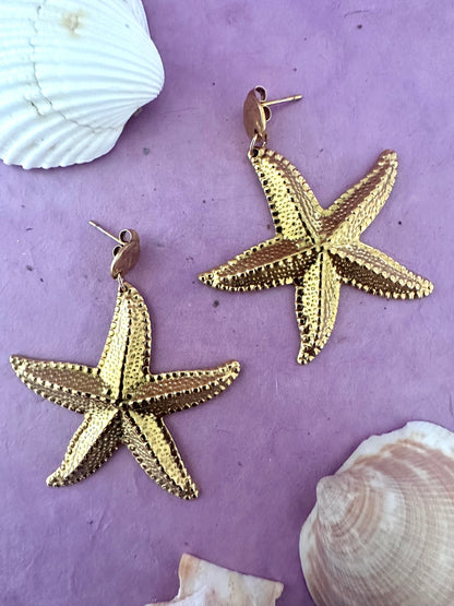 Boucles d’oreilles OCÉANE – pendants étoile de mer en acier inoxydable doré