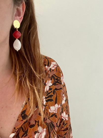 Boucles d oreilles clip perles blanche et rouge SOLINE - Camilmari Bijoux