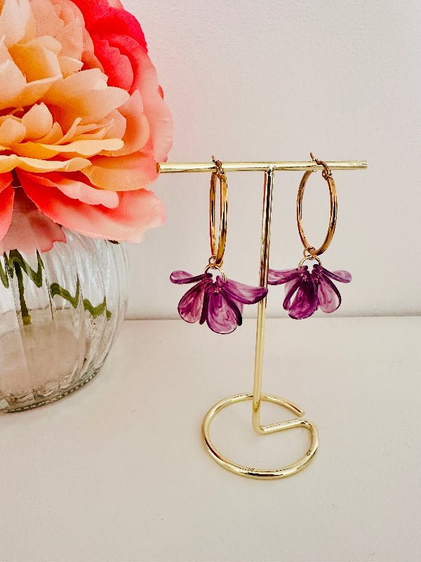 Boucles d oreilles pétales FANNY - Créoles fleurs faites main - Camilmari Bijoux - Créoles dorées inox 20 mm + pétales