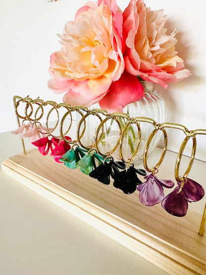 Boucles d oreilles pétales FANNY - Créoles fleurs faites main - Camilmari Bijoux - Créoles dorées inox 20 mm + pétales