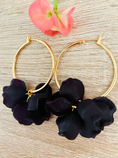 Boucles d'oreilles CAMILLE 35 MM - Camilmari Bijoux - Créoles dorées 35 mm + pétales