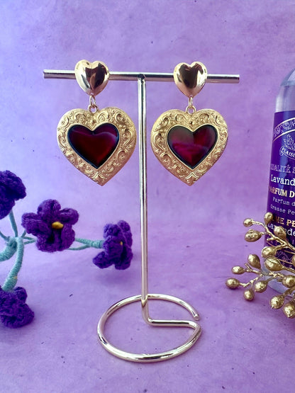 Boucles d’oreilles coeurs ASTRÉE – Boucles d’oreilles dorées et rouges à cœurs - Camilmari Bijoux - 