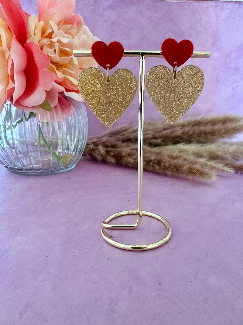 Boucles d’oreilles coeurs LOVEA - Camilmari Bijoux - Rouge et doré pailleté