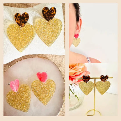 Boucles d’oreilles coeurs LOVEA - Camilmari Bijoux - Tacheté marron et doré pailleté