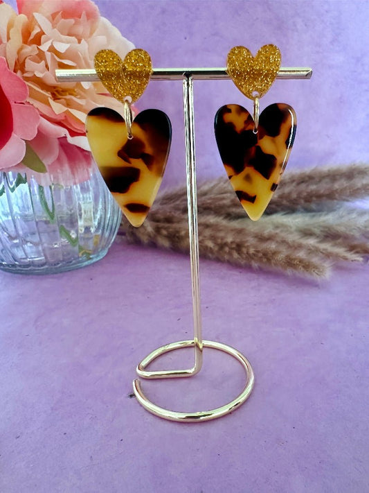 Boucles d’oreilles coeurs LOVEA - Camilmari Bijoux - Doré pailleté et écaille léopard