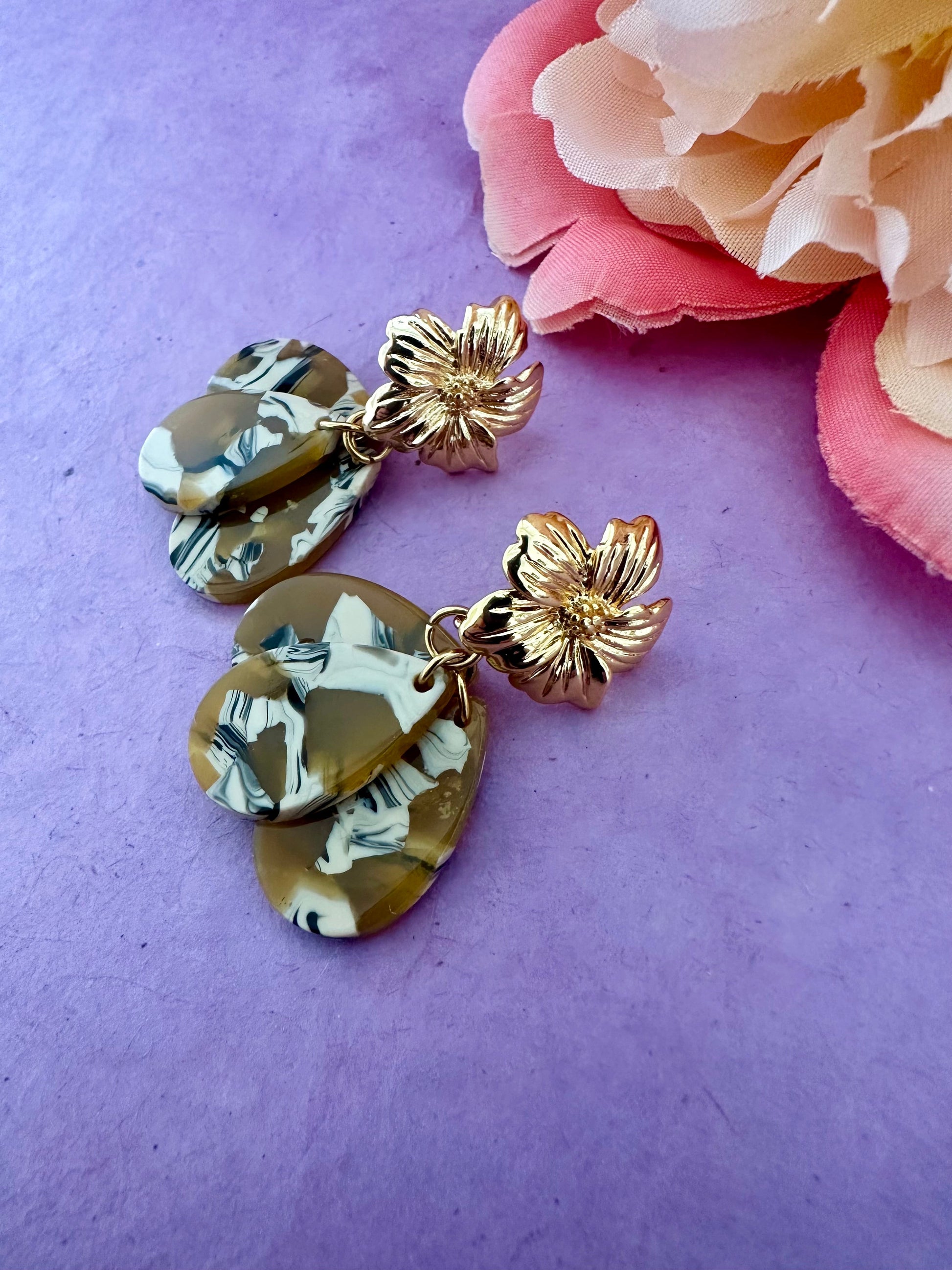 Boucles d’oreilles élégantes GLORIA - Camilmari Bijoux - Ecaille Ivoire marbré