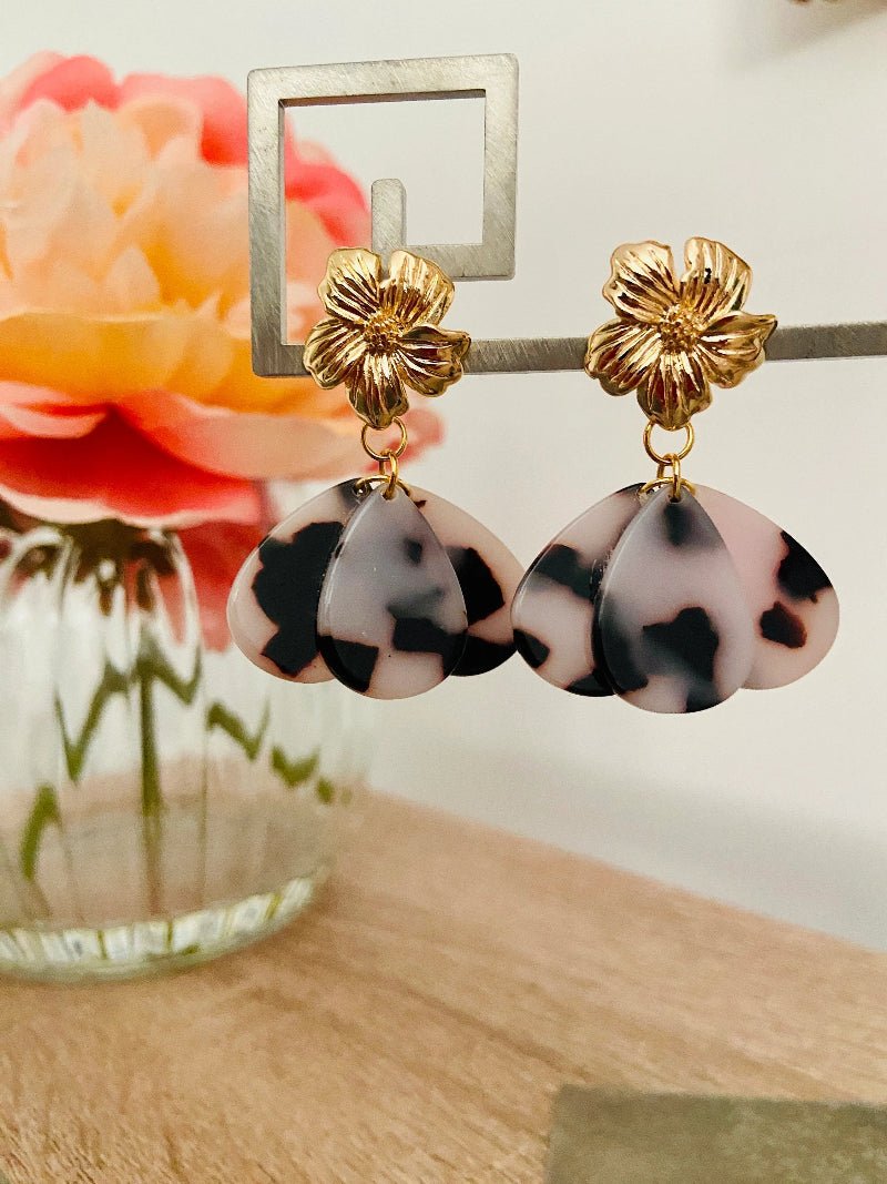 Boucles d’oreilles fantaisie et raffinées GLORIA – faites main - Camilmari Bijoux - Ecaille léopard beige noir