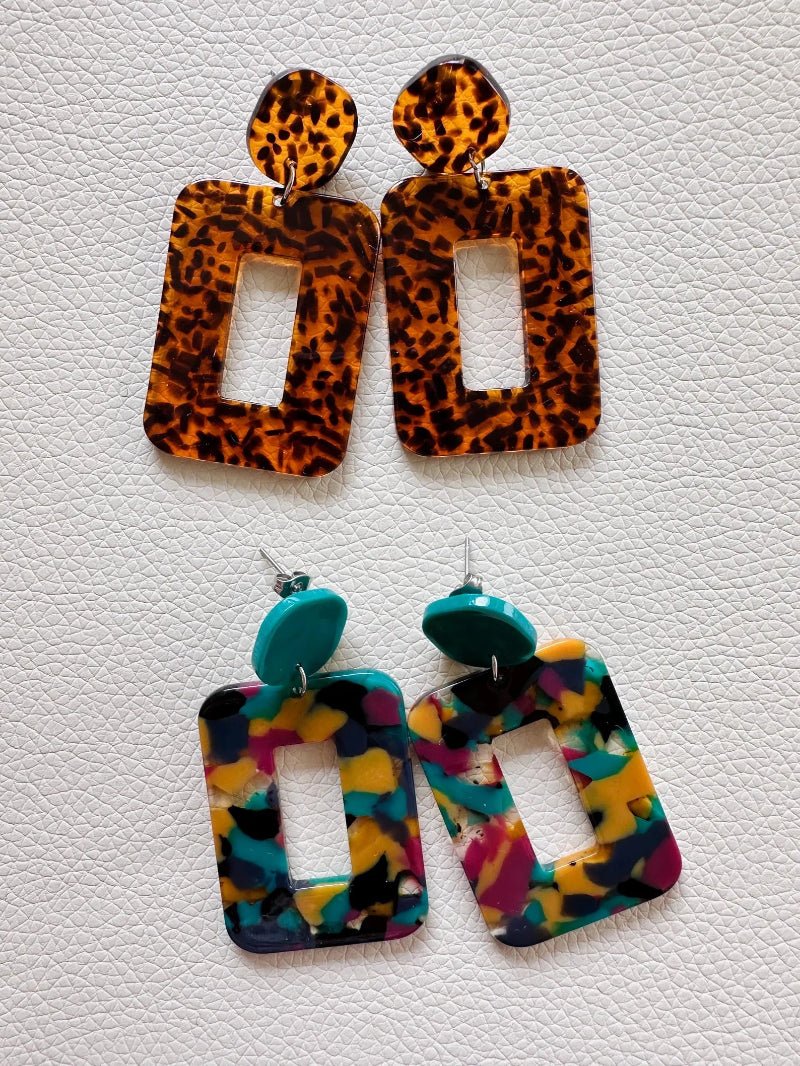 Boucles d’oreilles fantaisie MÉLINA – Boucles pendantes vintage faites main - Camilmari Bijoux - Ecaille vert noir moutarde