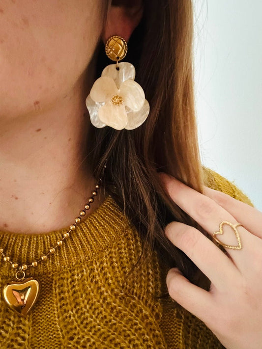 Boucles d'oreilles grosses fleurs ADÉLIE - Camilmari Bijoux - Ecru marbré