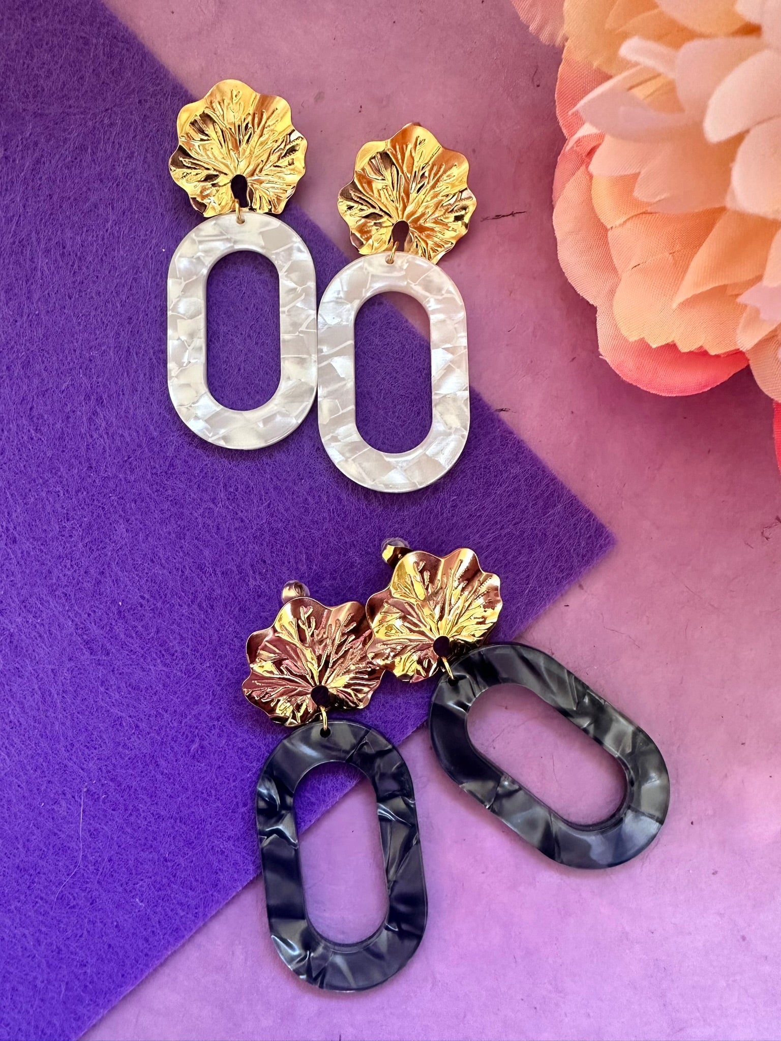 Boucles d’oreilles ISAURE – Fantaisie élégantes géométriques ovales - Camilmari Bijoux - Blanc