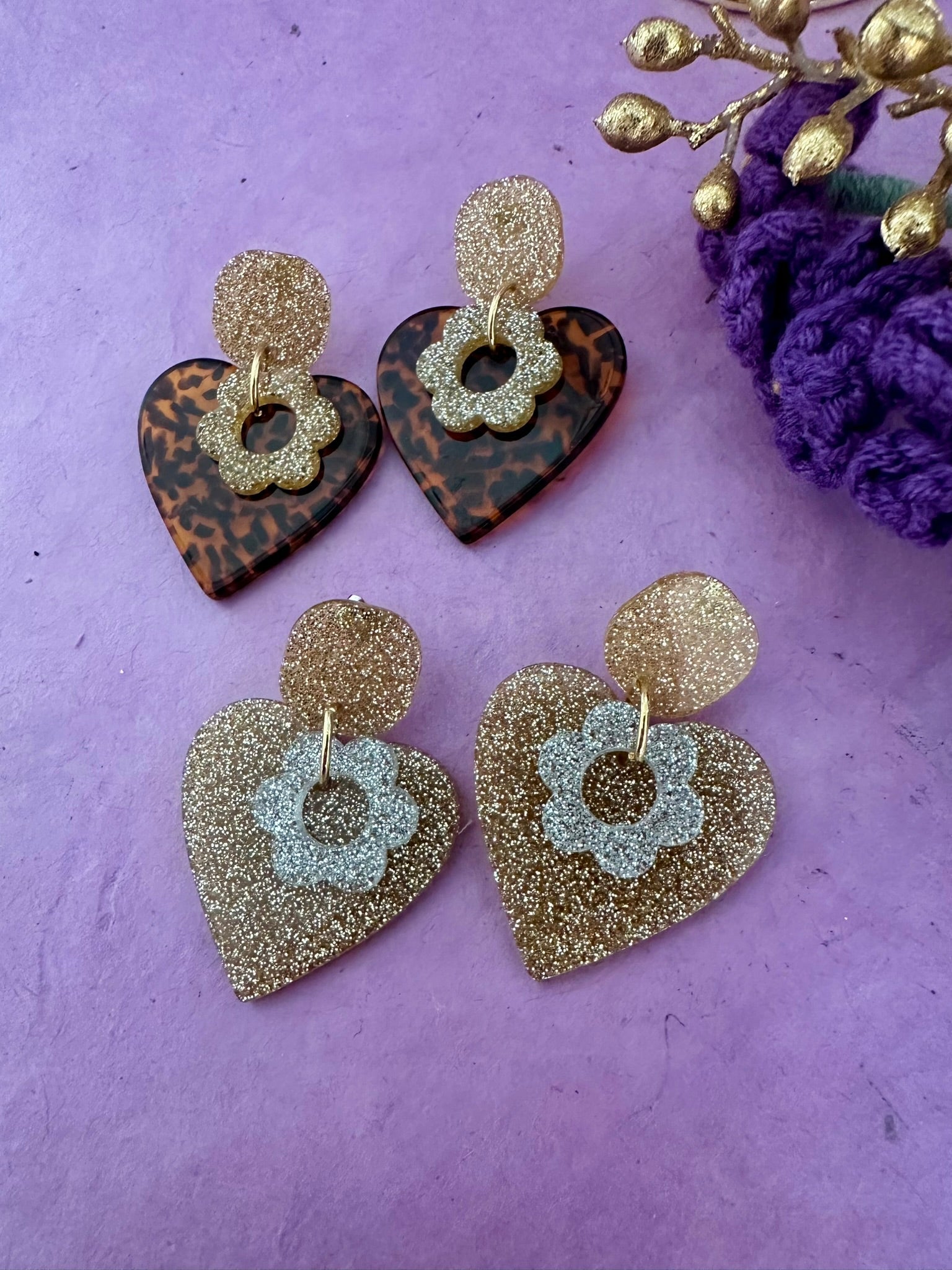 Boucles d’oreilles LUNA – Boucles d’oreilles pendantes légères et pailletées - Camilmari Bijoux - Doré pailleté et argenté pailleté