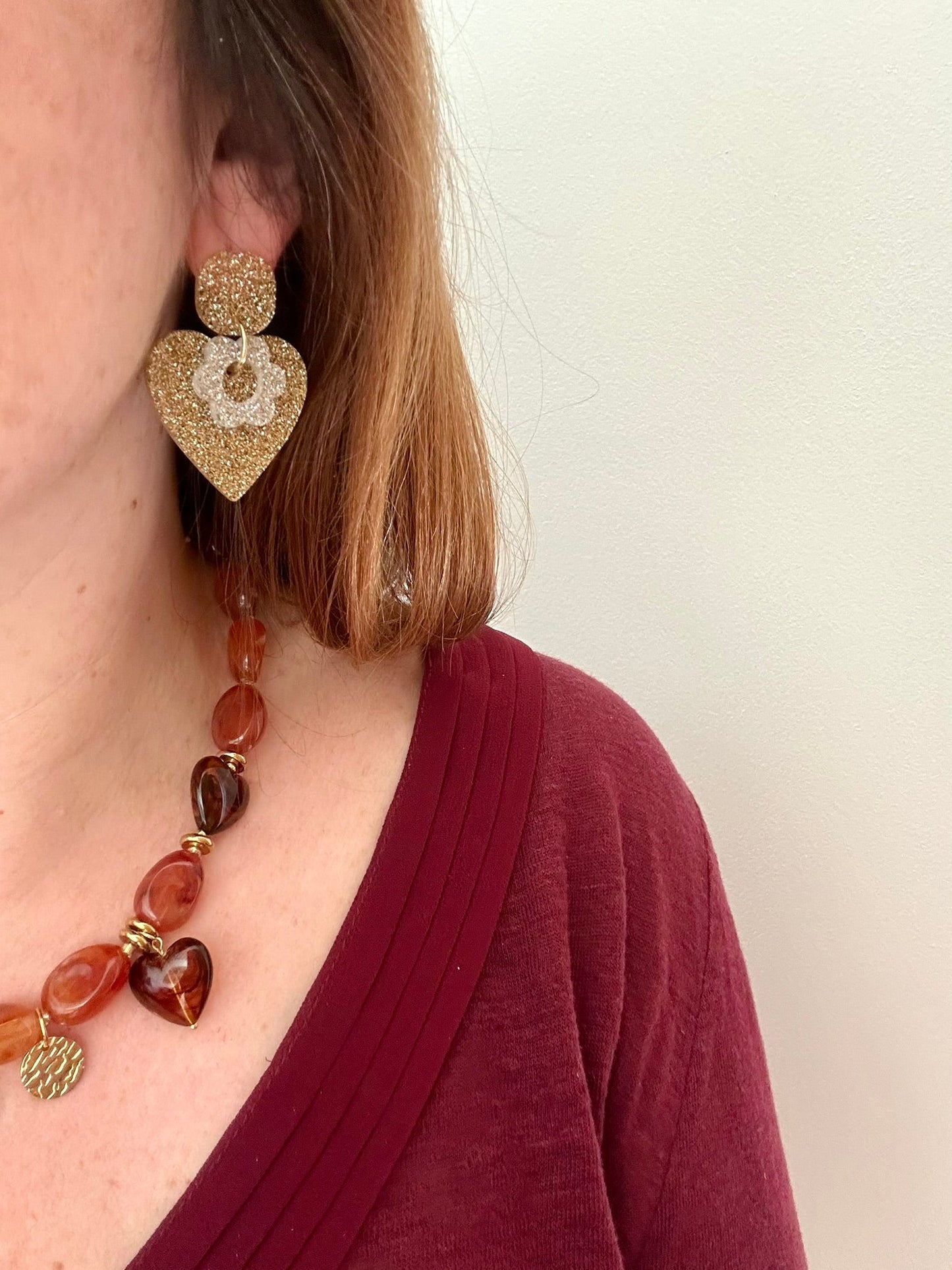 Boucles d’oreilles LUNA – Boucles d’oreilles pendantes légères et pailletées - Camilmari Bijoux - Doré pailleté et argenté pailleté