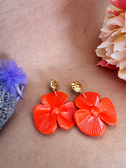 Boucles d’oreilles MARGOT – Grosses fleurs vintage et colorées assemblage main - Camilmari Bijoux - Rouge corail