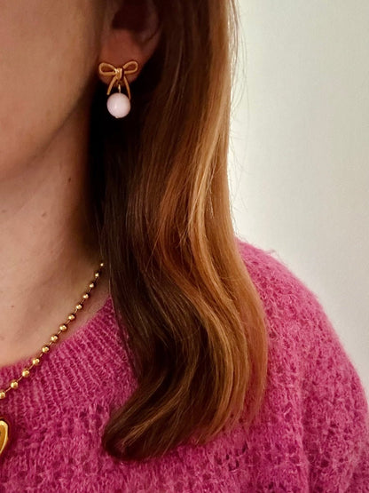 Boucles d'oreilles nœuds et perles ALICE - Camilmari Bijoux - Écru