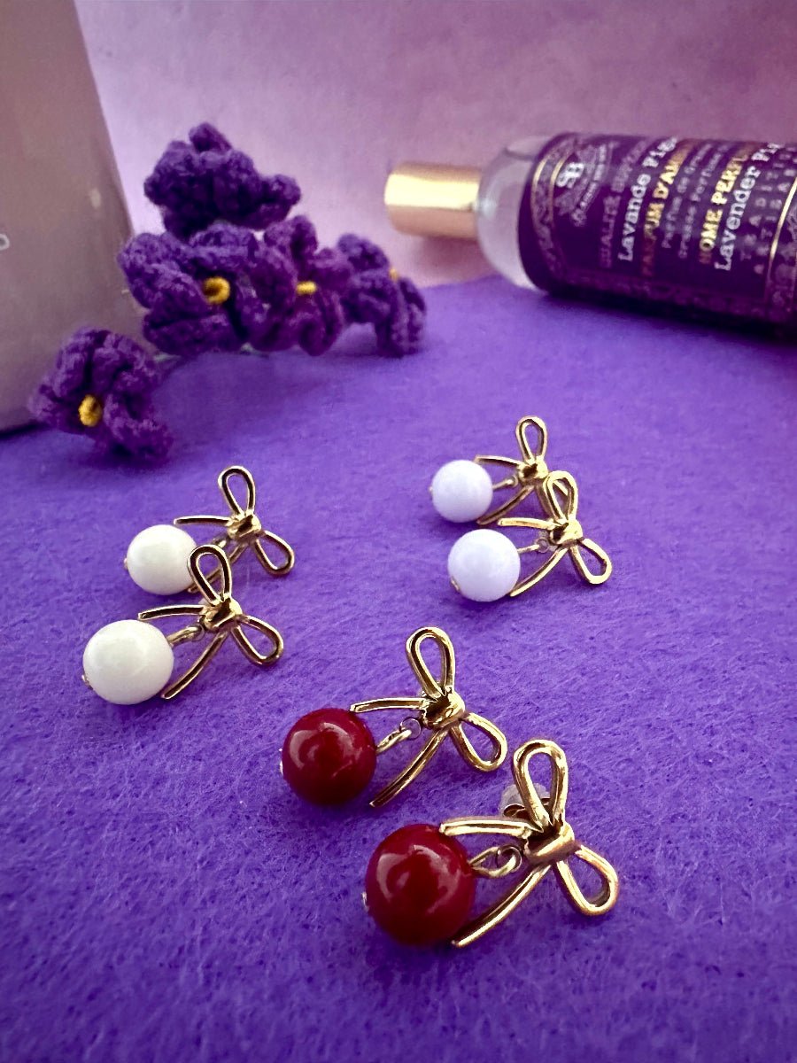 Boucles d'oreilles nœuds et perles ALICE - Camilmari Bijoux - Écru