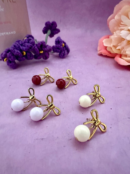 Boucles d'oreilles nœuds et perles ALICE - Camilmari Bijoux - Écru