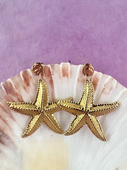 Boucles d’oreilles OCÉANE – pendants étoile de mer en acier inoxydable doré - Camilmari Bijoux - 