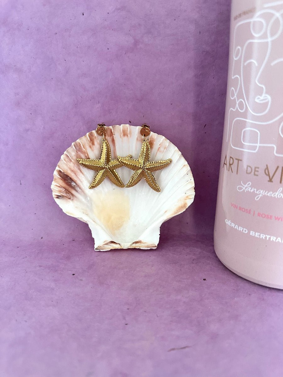 Boucles d’oreilles OCÉANE – pendants étoile de mer en acier inoxydable doré - Camilmari Bijoux - 