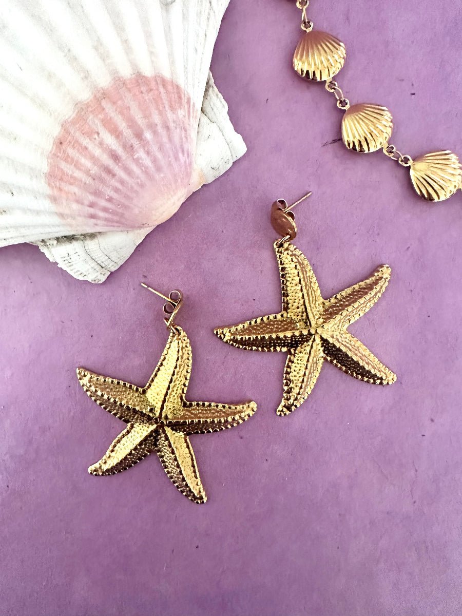 Boucles d’oreilles OCÉANE – pendants étoile de mer en acier inoxydable doré - Camilmari Bijoux - 