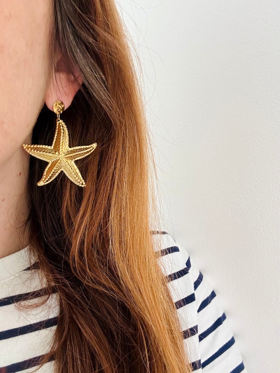 Boucles d’oreilles OCÉANE – pendants étoile de mer en acier inoxydable doré - Camilmari Bijoux - 