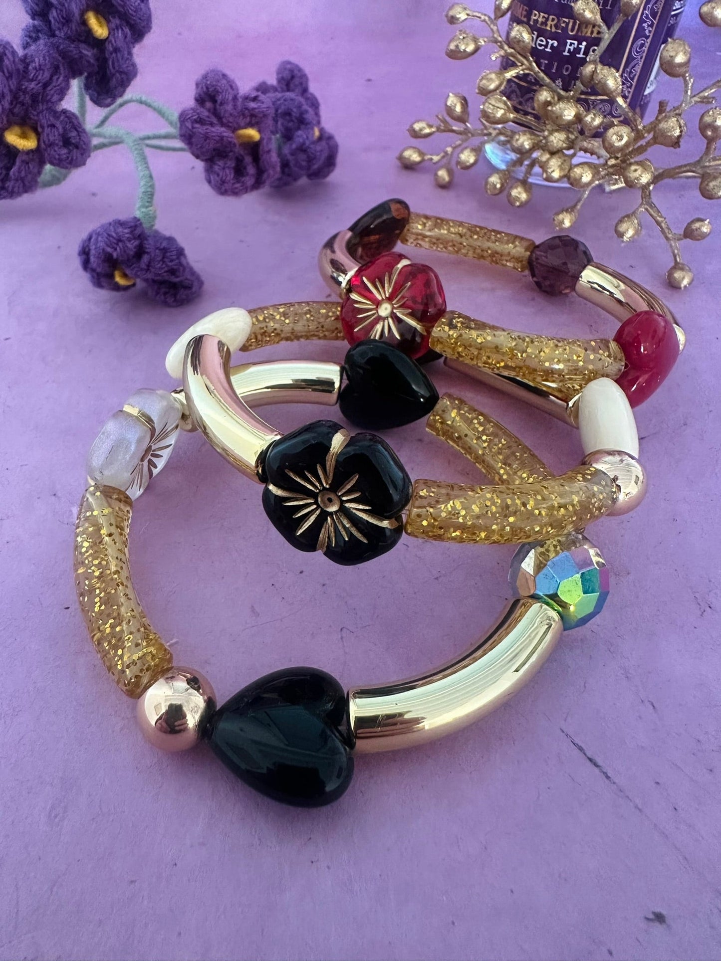 Bracelet MELCHIOR – Bracelet élastique fantaisie doré - Camilmari Bijoux - Rouge et or