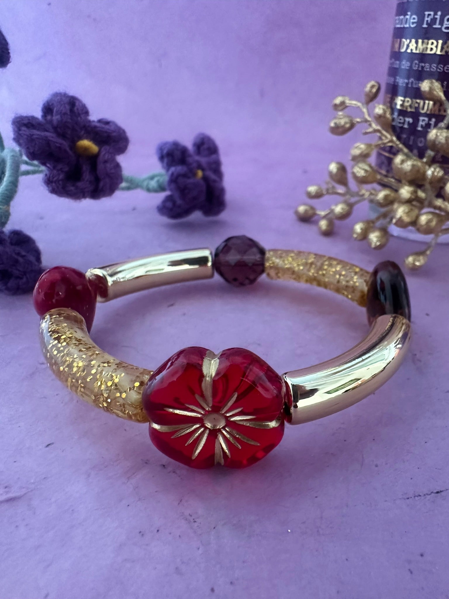 Bracelet MELCHIOR – Bracelet élastique fantaisie doré - Camilmari Bijoux - Rouge et or