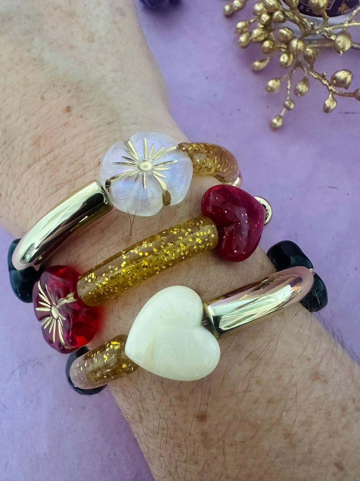 Bracelet MELCHIOR – Bracelet élastique fantaisie doré - Camilmari Bijoux - Rouge et or