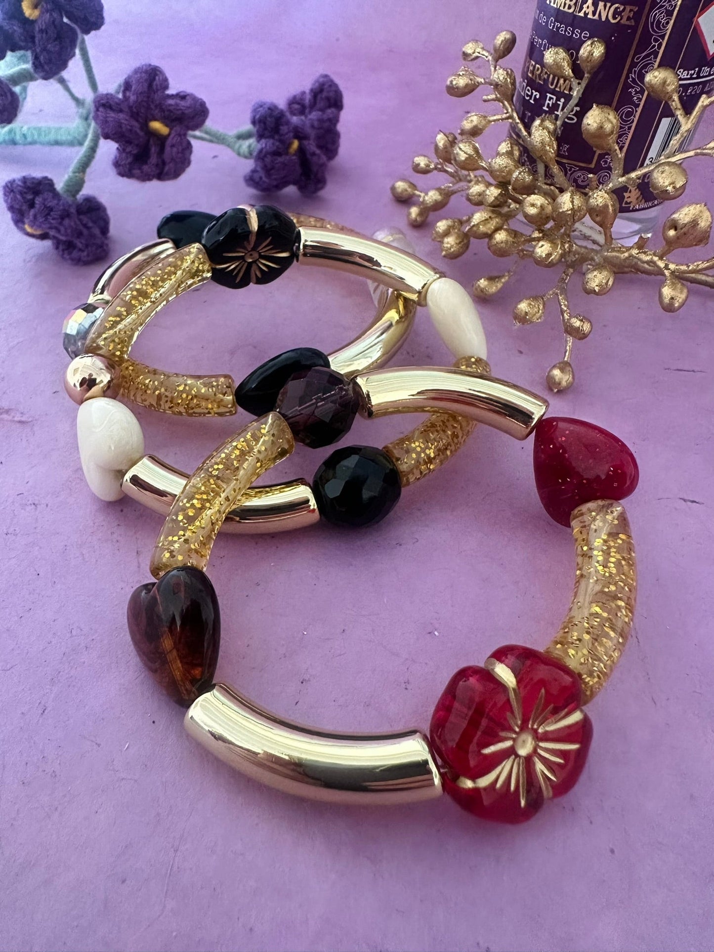 Bracelet MELCHIOR – Bracelet élastique fantaisie doré - Camilmari Bijoux - Rouge et or