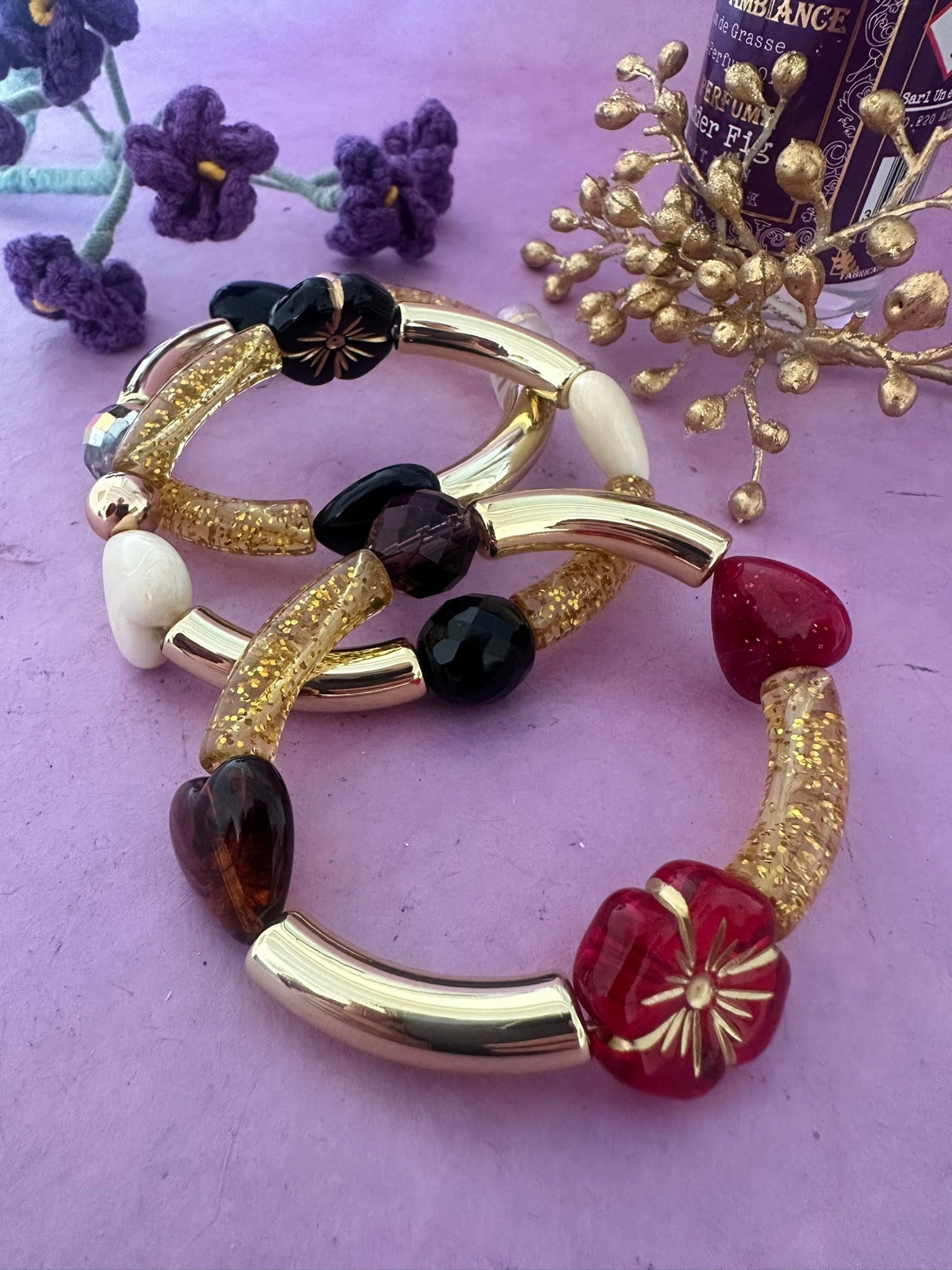 Bracelet MELCHIOR – Bracelet élastique fantaisie doré - Camilmari Bijoux - Rouge et or