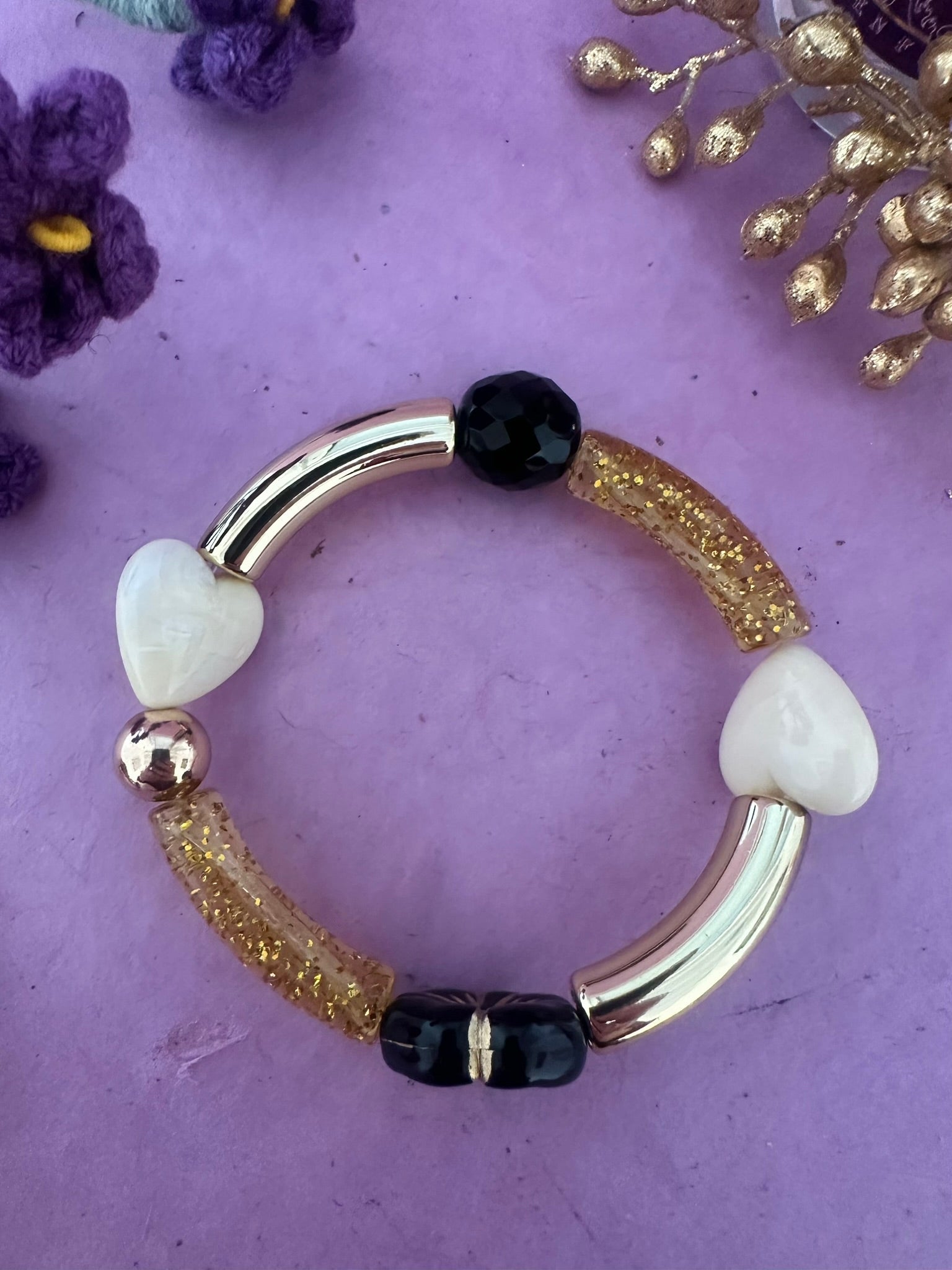 Bracelet MELCHIOR – Bracelet élastique fantaisie doré - Camilmari Bijoux - Ecru noir et or