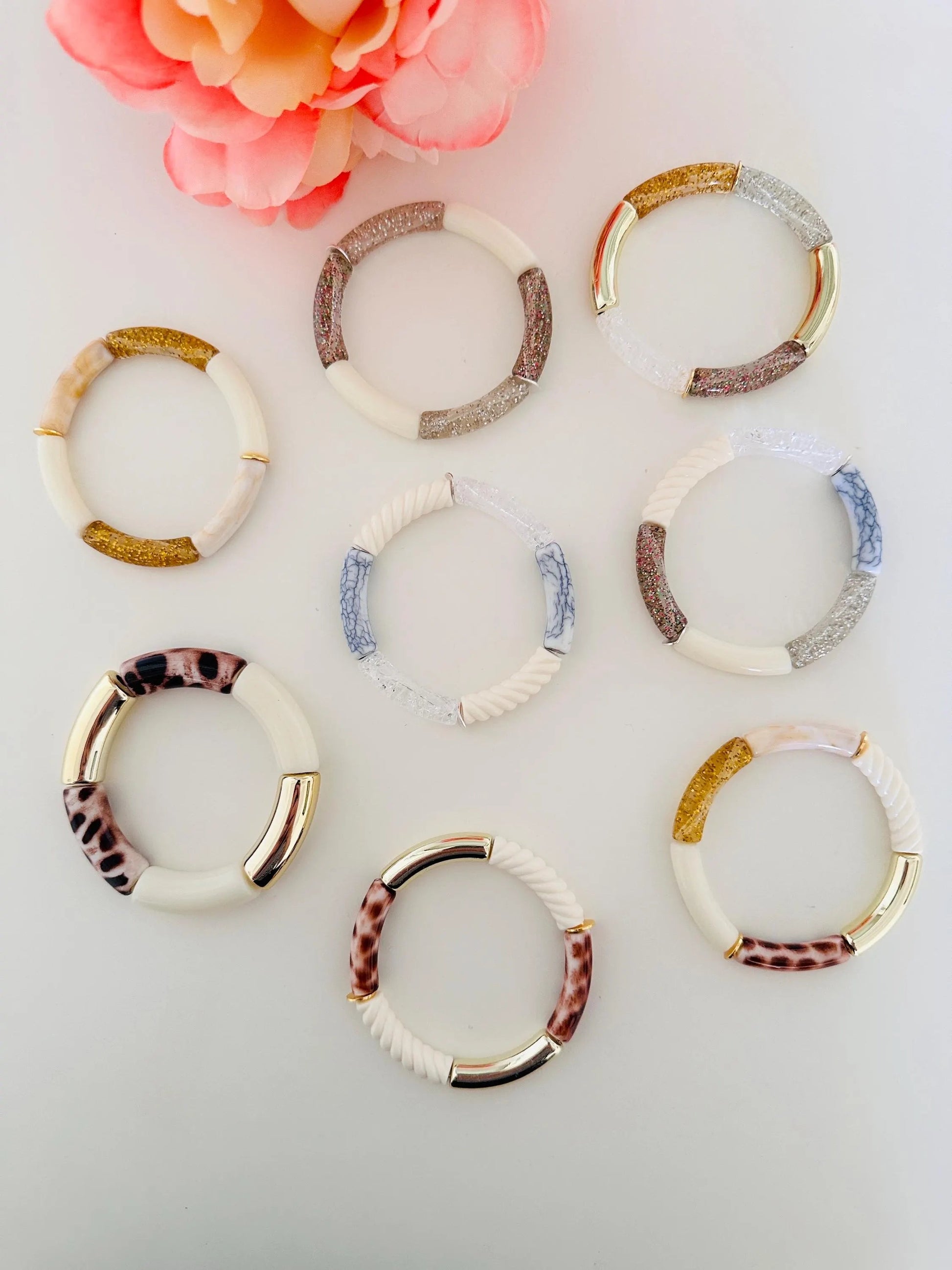 Bracelet VALENTINE en perles tubes acrylique, élastique fait main - Camilmari Bijoux - 1