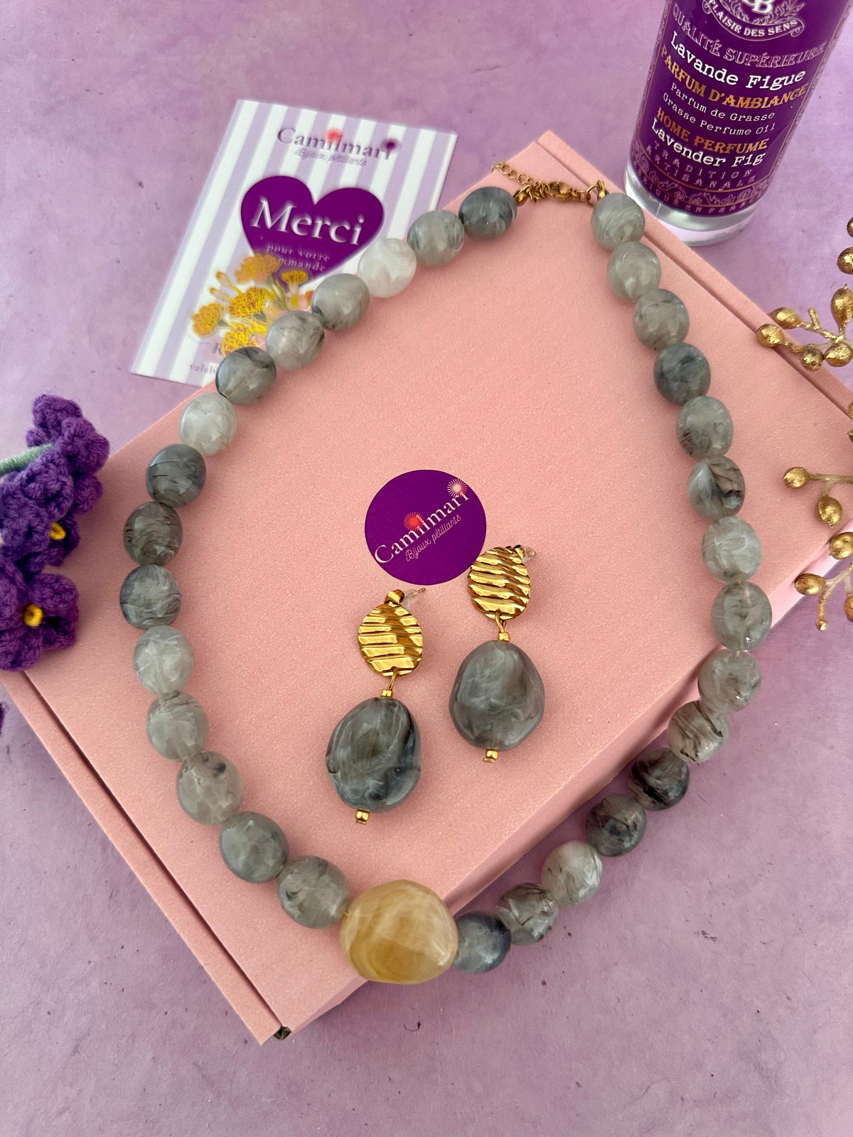 Coffret bijoux femme APOLLINE – Collier + boucles d'oreilles - Camilmari Bijoux - Gris & sable