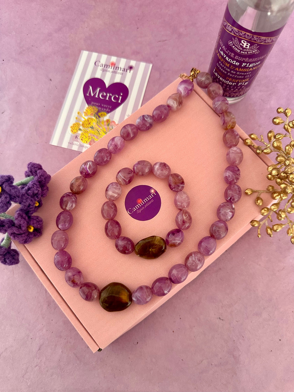 Coffret bijoux femme APOLLINE – Collier + bracelet - Camilmari Bijoux - Aubergine & chocolat