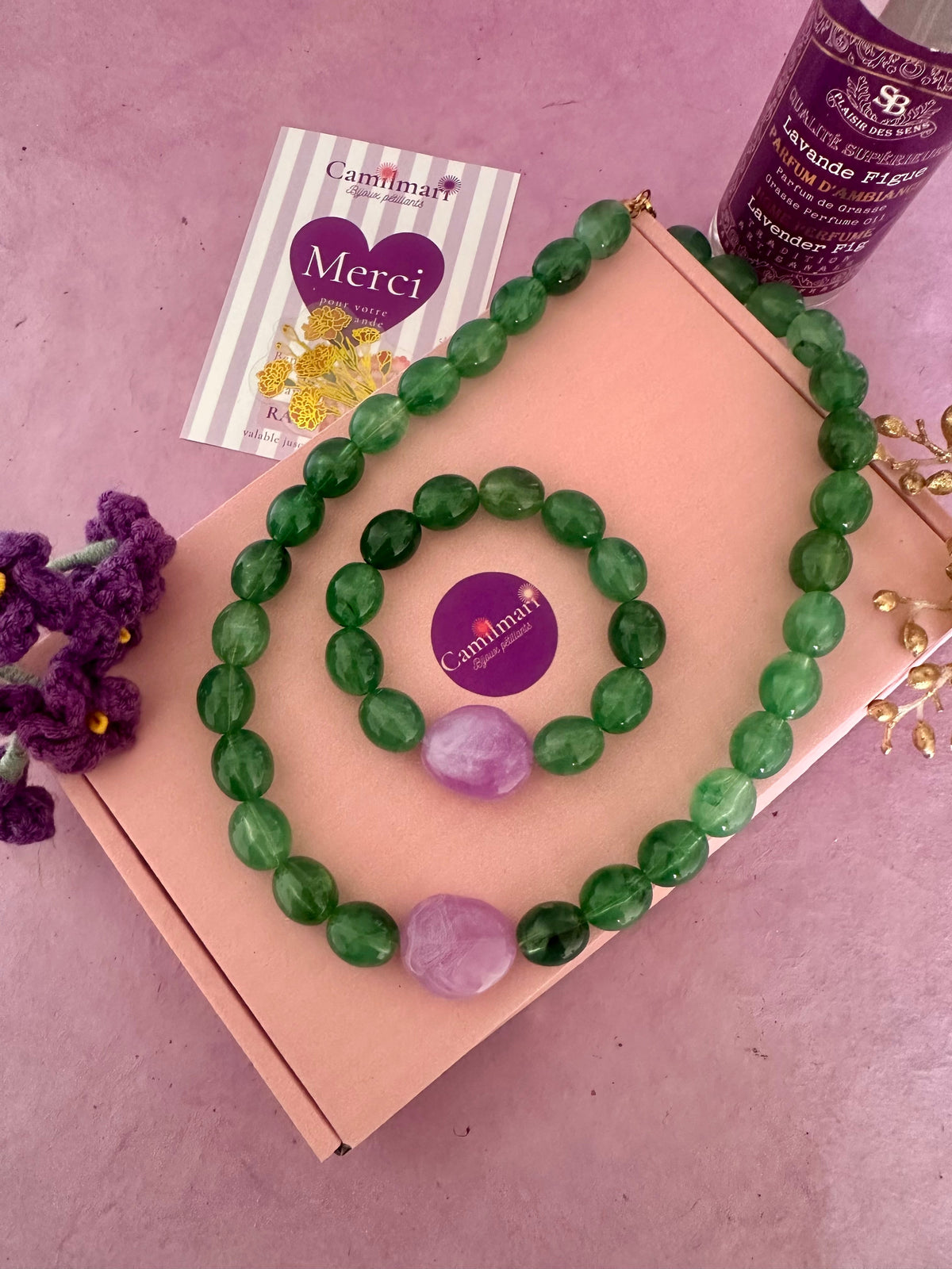 Coffret bijoux femme APOLLINE – Collier + bracelet - Camilmari Bijoux - Émeraude & lilas