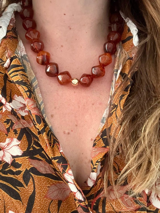 Collier de perles rouge ou brun ISALINE - Collier fait main - Camilmari Bijoux - Brun ambré