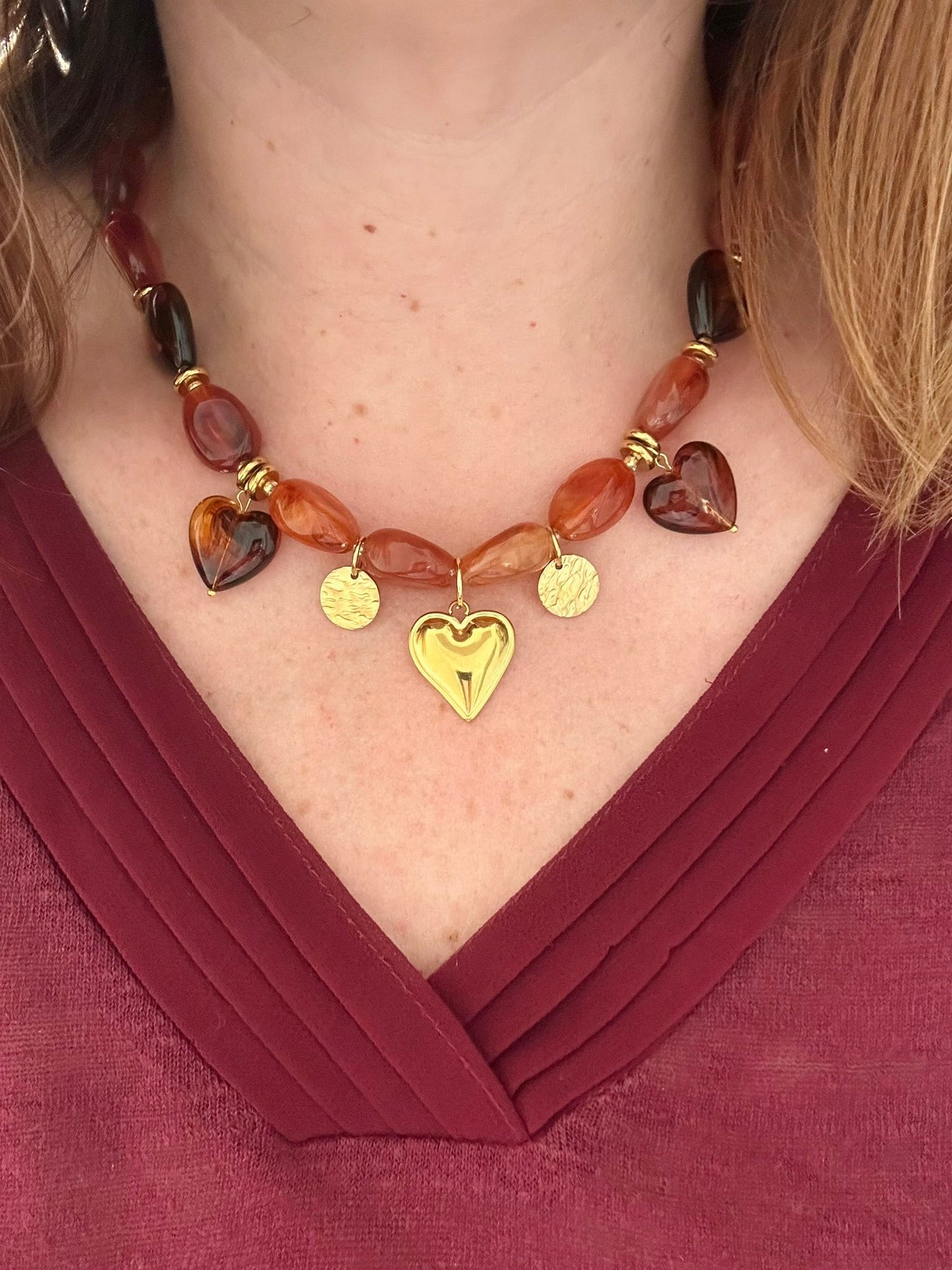 Collier ÉLINE – Collier marron à breloques et perles fait main - Camilmari Bijoux - 