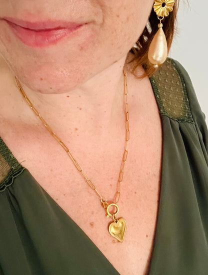 Collier LILY – Maille rectangle dorée et pendentif cœur personnalisable - Camilmari Bijoux - Collier + pendentif cercle evidé