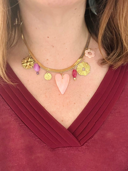 Collier LYRA – Collier doré à breloques coeur et fleur - Camilmari Bijoux - 