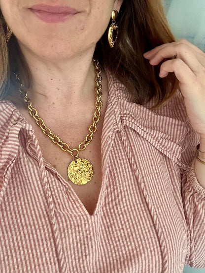 Collier STELLA – Collier pièce dorée et grosse maille dorée en acier inoxydable - Camilmari Bijoux - 