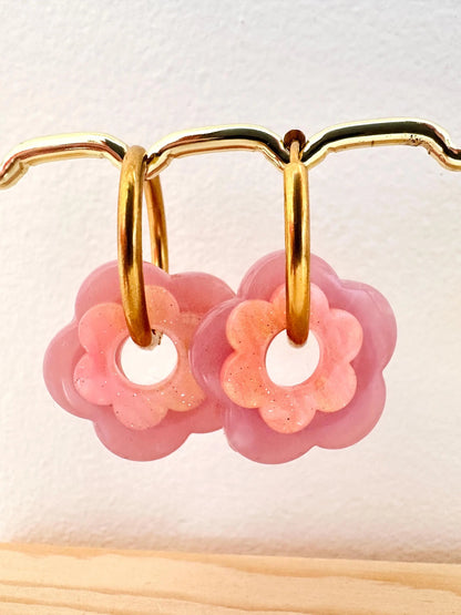 Créoles fleurs superposées et interchangeables SOFIANA - Camilmari Bijoux - Créoles et pampilles fleurs rose pâle et rose pailleté