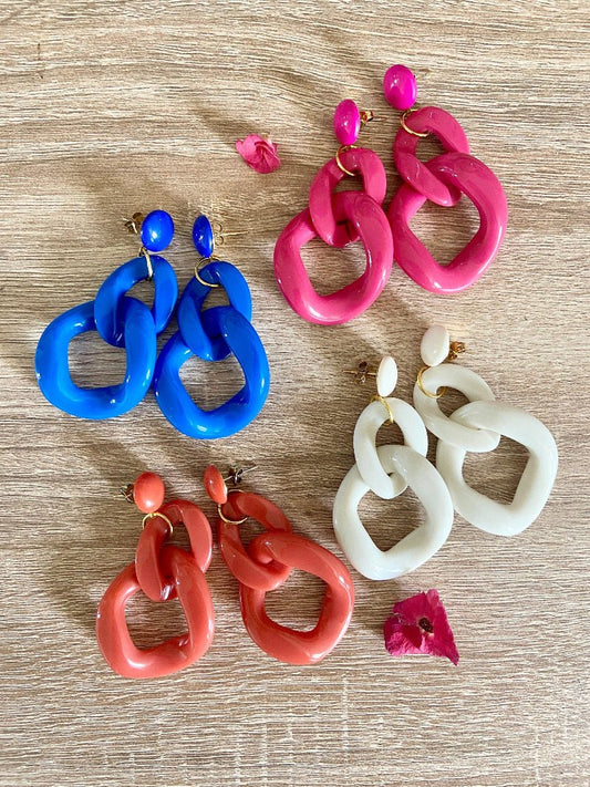 Grosses boucles d'oreilles MARINE à maillons colorés, style vintage fait main - Camilmari Bijoux - Rose bonbon