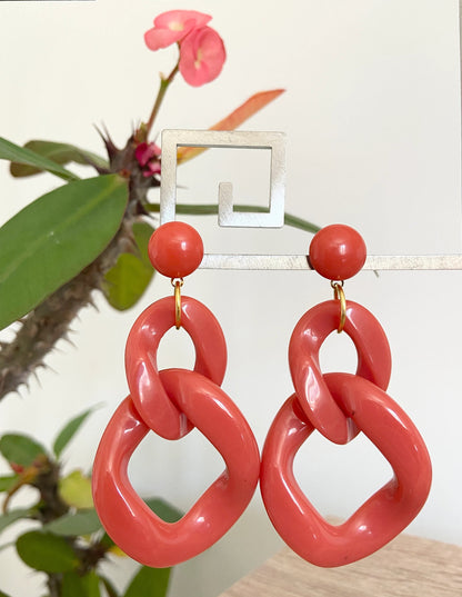 Grosses boucles d'oreilles MARINE à maillons colorés, style vintage fait main - Camilmari Bijoux - Orange brique