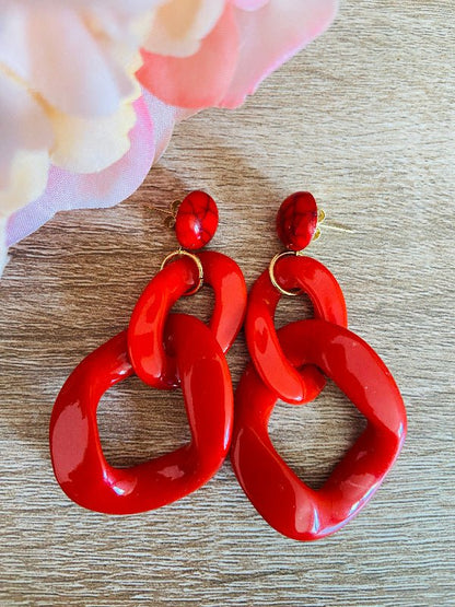 Grosses boucles d'oreilles MARINE à maillons colorés, style vintage fait main - Camilmari Bijoux - Rose bonbon