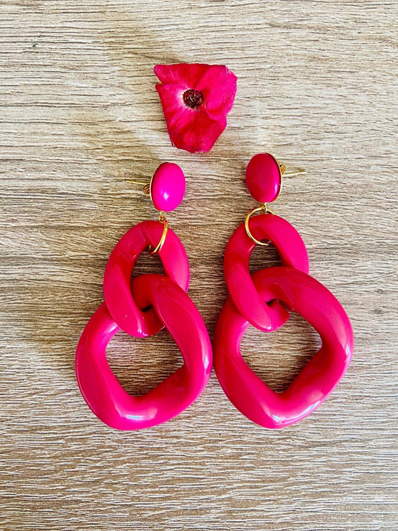 Grosses boucles d'oreilles MARINE à maillons colorés, style vintage fait main - Camilmari Bijoux - Rose bonbon