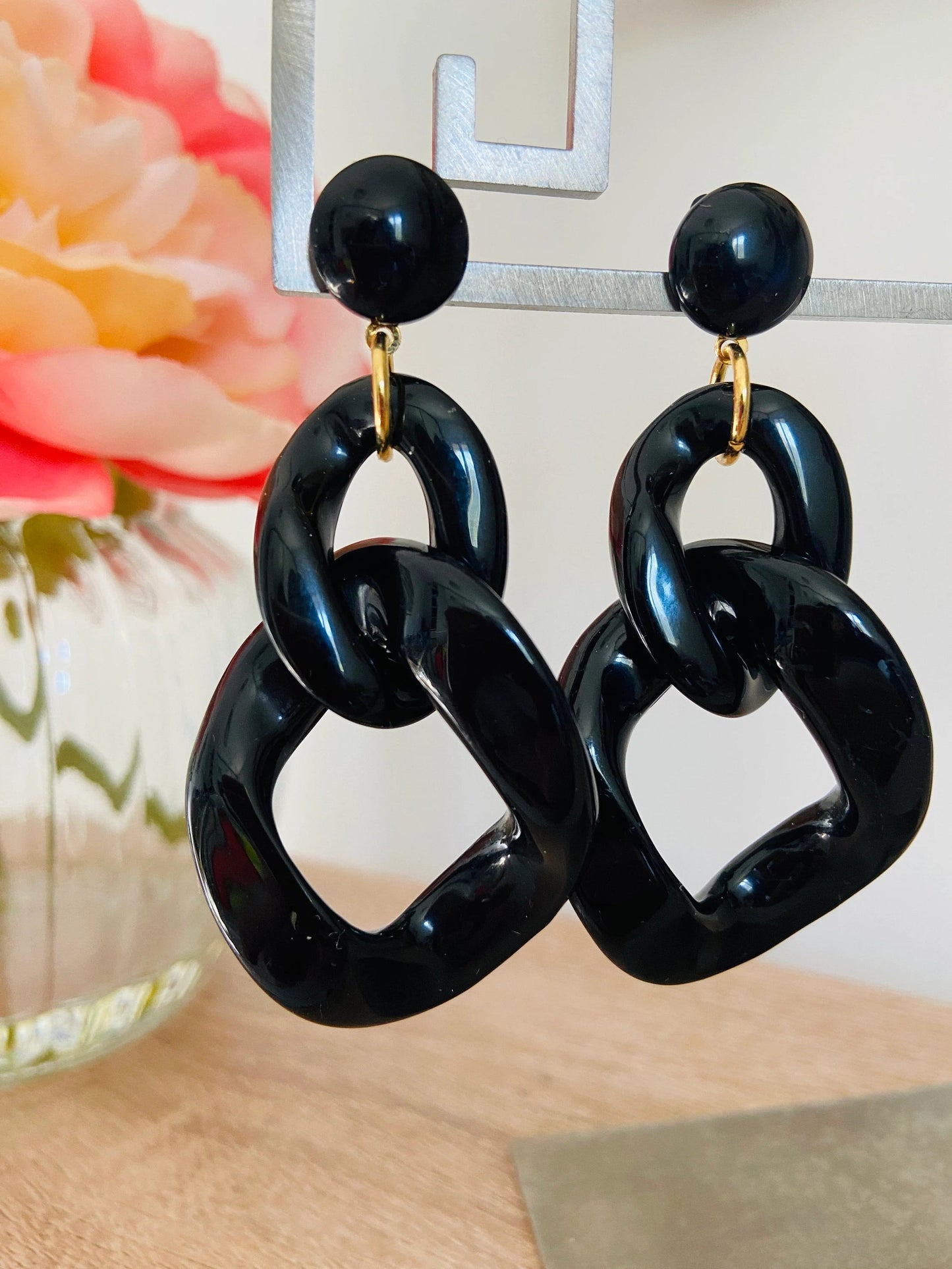 Grosses boucles d'oreilles MARINE à maillons colorés, style vintage fait main - Camilmari Bijoux - Noir