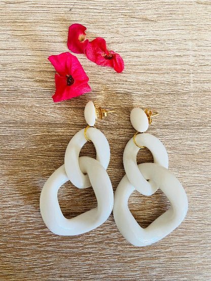 Grosses boucles d'oreilles MARINE à maillons colorés, style vintage fait main - Camilmari Bijoux - Ivoire
